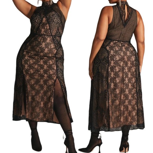 Anthropologie Dresses & Skirts - Anthropologie Structured Lace Double Slit Midi Dress in Black Women’s Size 14